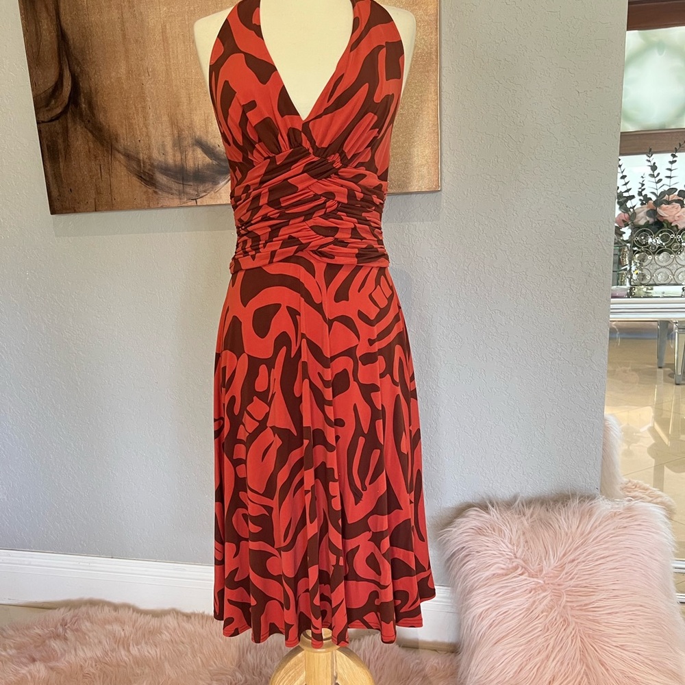 Jones New York Red and Black Halter Faux-Wrap Midi Dress